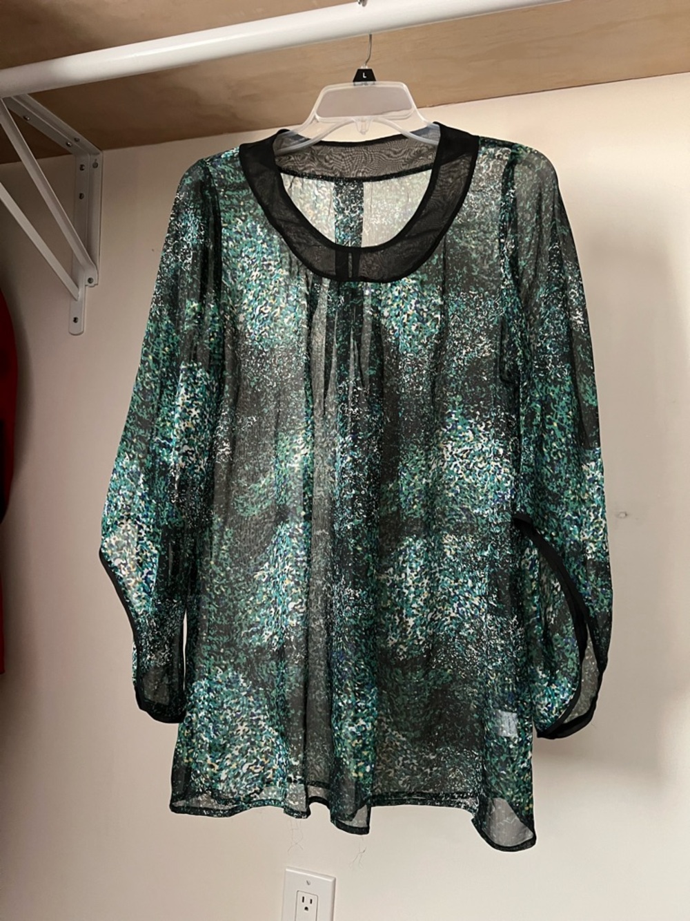 Liz design women Sheer Green Patterned Blouse with Black Trim